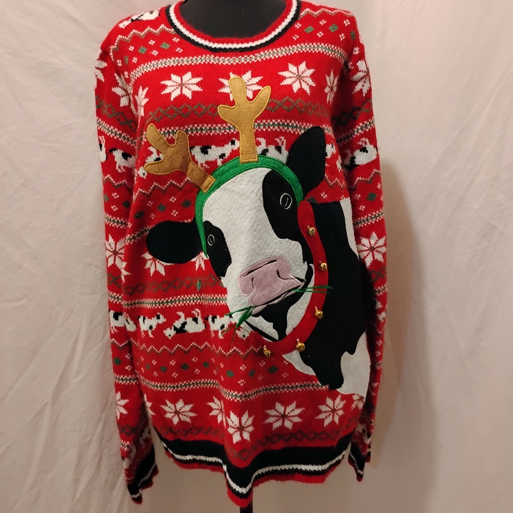 Men's Red Festive Sweater with Cow and Reindeer Design